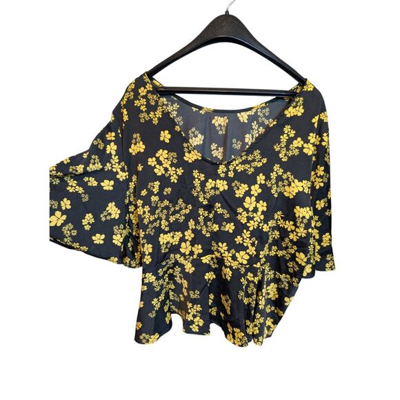 Boho Flowy Who What Wear Yellow Floral Black Peplum Blouse Flowy Top XXL - Picture 4 of 6